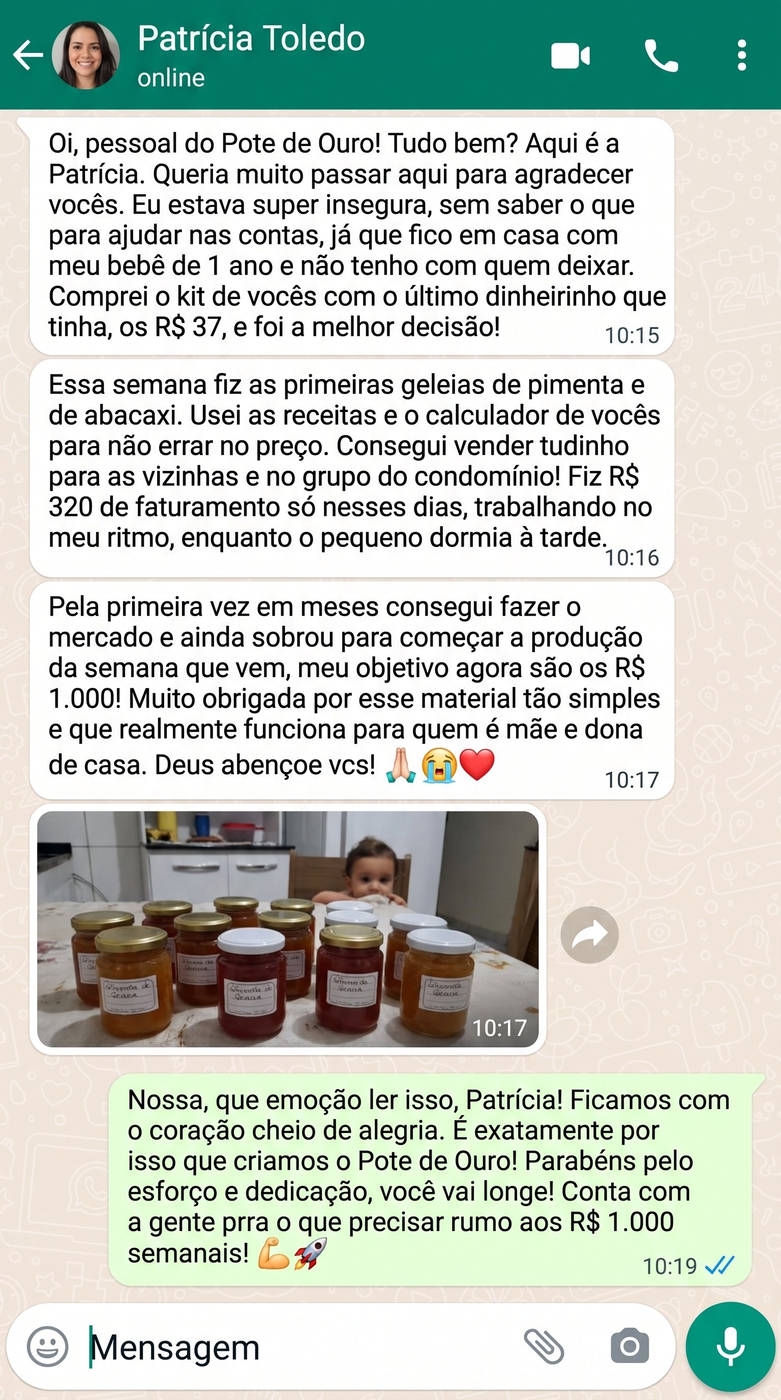 Print de depoimento no WhatsApp da Patrícia